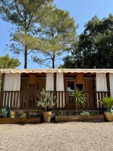 a wooden cabin with potted plants in front of it at Chiclavie in La Celle-sous-Gouzon