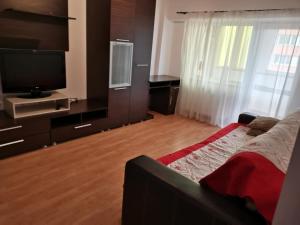 a living room with a couch and a flat screen tv at House Teo in Văleni