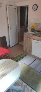 a kitchen with a counter and a sliding door at Apartman Asja in Utjeha