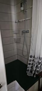 ein Bad mit Dusche und Duschvorhang in der Unterkunft Appartement à La Bastidonne in La Bastidonne