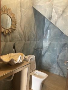 a bathroom with a toilet and a mirror at Calliοpe's home in Skiathos +38 photos