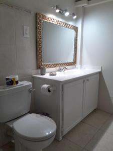 een badkamer met een toilet, een wastafel en een spiegel bij Melrose Beach Apartments Inc in Bridgetown