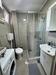 a bathroom with a shower and a toilet and a sink at Apartman Dragovic in Kuršumlija