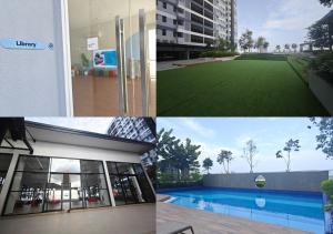un collage de photos d'un bâtiment et d'une piscine dans l'établissement Myra Park Nilai Studio w WiFi & Netflix, à Nilai 5 autres photos