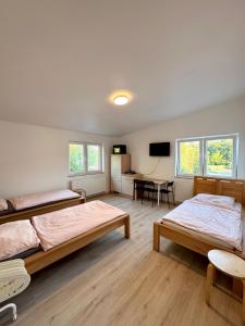 a room with two beds and a table with a desk at Muskat in Hanhofen