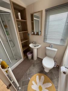 ein Badezimmer mit Toilette, Dusche und Waschbecken in der Unterkunft Palm Grove 118 - Golden Palm Resort - pet friendly, Wi-Fic close to the beach - Meadow Lakes Caravan & Lodge Hire in Chapel Saint Leonards