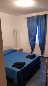 a bedroom with a blue bed with blue curtains at Apartment Vinisio a Maratea in Maratea