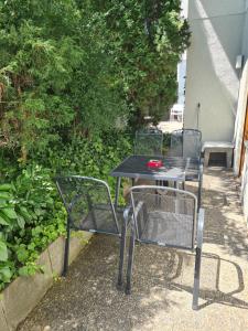 a black table and chairs sitting next to a bush at WellandHome Aalen - Business Apartment - 4 single beds in Aalen
