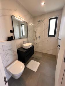 łazienka z toaletą, umywalką i prysznicem w obiekcie Apartments Jovic Opatija w mieście Ičići