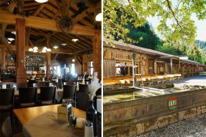 two pictures of a restaurant with tables and chairs at Hotel Gasthof Klause Dependance 2 in Reutte
