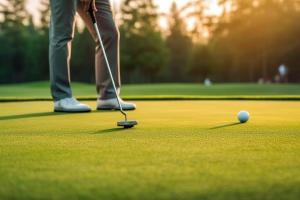 a man is playing golf on a golf course at Modernes Architektenhaus direkt am Golfplatz Schloss Ranzow. in Lohme
