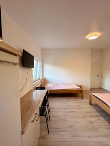 a room with a kitchen and a bed in a room at Muskat in Hanhofen +59 photos