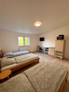 a bedroom with two beds and a table with a television at Muskat in Hanhofen