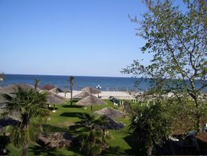 a beach with many straw umbrellas and the ocean at Verginia Studios in Korinós