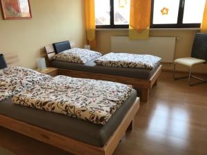 deux lits jumeaux dans une chambre avec une chaise dans l'établissement Ferienwohnung Friedmann, à Memmelsdorf