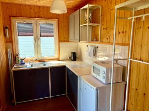 a kitchen with a sink and a microwave at Anida Rusinowo in Rusinowo