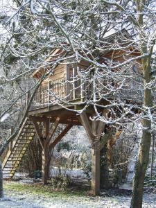 a tree house with a deck in the snow at Chambres d'Hôtes de la Vallée Javot in Féricy
