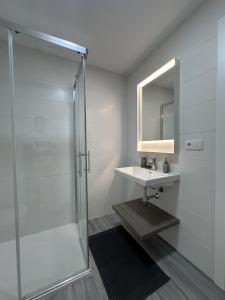 a bathroom with a shower and a sink and a mirror at La terraza da Braña in Villanueva de Arosa