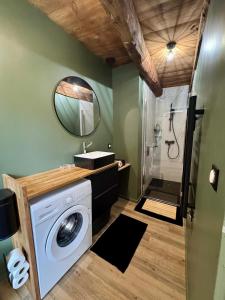 a bathroom with a washing machine and a mirror at À l'Ombre du Clocher in Laguiole +23 photos