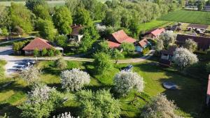 an aerial view of a house with a yard at Sunny Nights Homestead Rustic House in Gataučiai