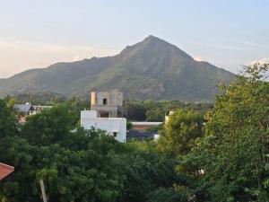 a mountain in the distance with a building and trees at Perumal home stay in Tiruvannāmalai