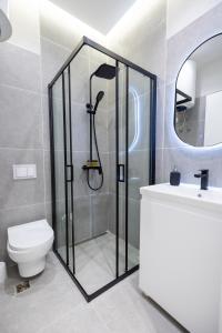 a bathroom with a shower and a toilet and a sink at Nova Studio Drymades in Dhërmi