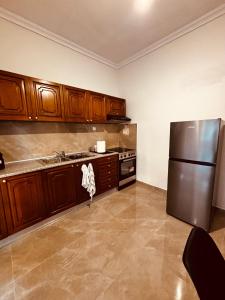 a kitchen with wooden cabinets and a stainless steel refrigerator at Blue two apartment in Kavála +5 photos