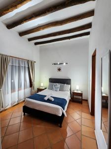 een slaapkamer met een groot bed met blauwe lakens bij Apartamento de la Villa II in Villa de Leyva