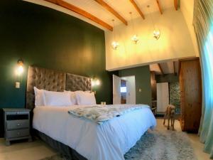 - une chambre avec un grand lit et un chien debout à côté dans l'établissement AlteVrede Olive Farm, à Doornrivier