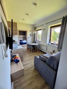a living room with a couch and a dining room at Błękitne Wierchy in Murzasichle