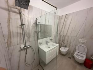 a bathroom with a shower and a toilet and a sink at AMA'S 1BR Ap 3 - Parking, Kitchen & Sea View in Himare