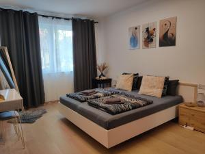 ein Schlafzimmer mit einem großen Bett in einem Zimmer in der Unterkunft Saujana House - Peaceful Borderside Retreat in Mosonmagyaróvár