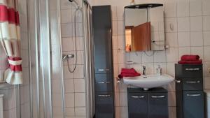a bathroom with a sink and a mirror at Kurpark Domizil in Altenau +31 photos