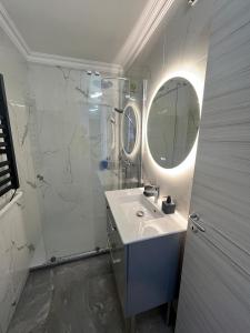 a bathroom with a sink and a shower and a mirror at Appartement au cœur de Calvi,a 150 m de la plage in Calvi