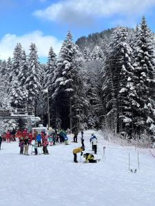 a group of people standing in the snow at Studio 2 personnes à Torgon in Vionnaz