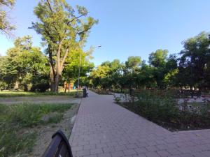 a brick path in a park with trees and flowers at Balti Apartment in Bălţi