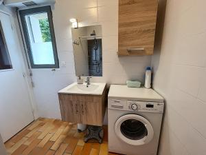 a small bathroom with a washing machine and a sink at Appartement Salines 46m2 in Carnac +1 photo