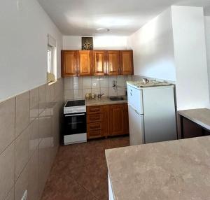 a kitchen with a white refrigerator and wooden cabinets at Tivat Apartmani in Mrčevac
