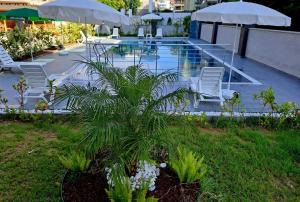 ein Pool mit weißen Stühlen und einer Palme in der Unterkunft Neridabeahhomes 4 in Alanya
