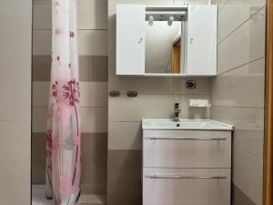 ein kleines Badezimmer mit Waschbecken und Spiegel in der Unterkunft Apartments Zupan in Šenčur + 77 Fotos