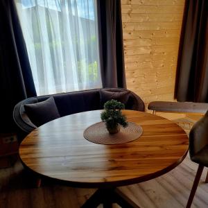 a wooden table with a potted plant on top of it at Ferienwohnung Viona in Neustrelitz +21 photos