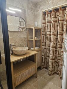 a bathroom with a sink and a shower curtain at Le petit Vincent, Studio élégant, central avec parking privé in Saint-Rémy-de-Provence