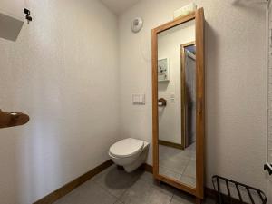 une salle de bain avec toilettes et miroir dans l'établissement Charmant appartement avec terrasse, proche lac bleu et télécabine - FR-1-642-35, à Morillon 11 autres photos