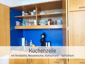 a kitchen with a sink and a blue wall at Salzkammergut Homes Gmunden - Suite Marie Antoinette, Blick auf den Stadtplatz, Traunseeblick - ideal für Paare und Kulturinteressierte in Gmunden
