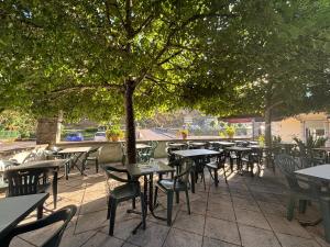 an outdoor patio with tables and chairs under a tree at Lods Hotel de France in Lods