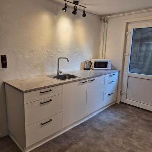 a kitchen with a sink and a microwave at Studiolejlighed I Hvide Sande Centrum in Hvide Sande