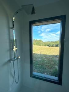 eine Dusche mit Fenster und Blick auf ein Feld in der Unterkunft Hikari in Saint-Marcory
