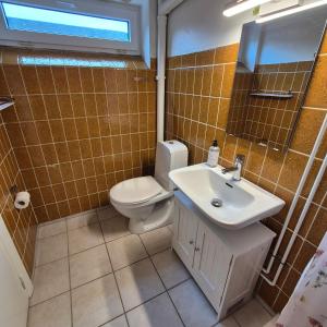a bathroom with a toilet and a sink at Studiolejlighed I Hvide Sande Centrum in Hvide Sande