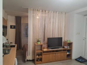 ein Wohnzimmer mit einem TV auf einem Holzständer in der Unterkunft Apartman Sana in Matulji + 12 Fotos