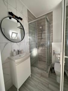 a bathroom with a shower and a sink and a mirror at Maison 25 in 2 Mai +35 photos